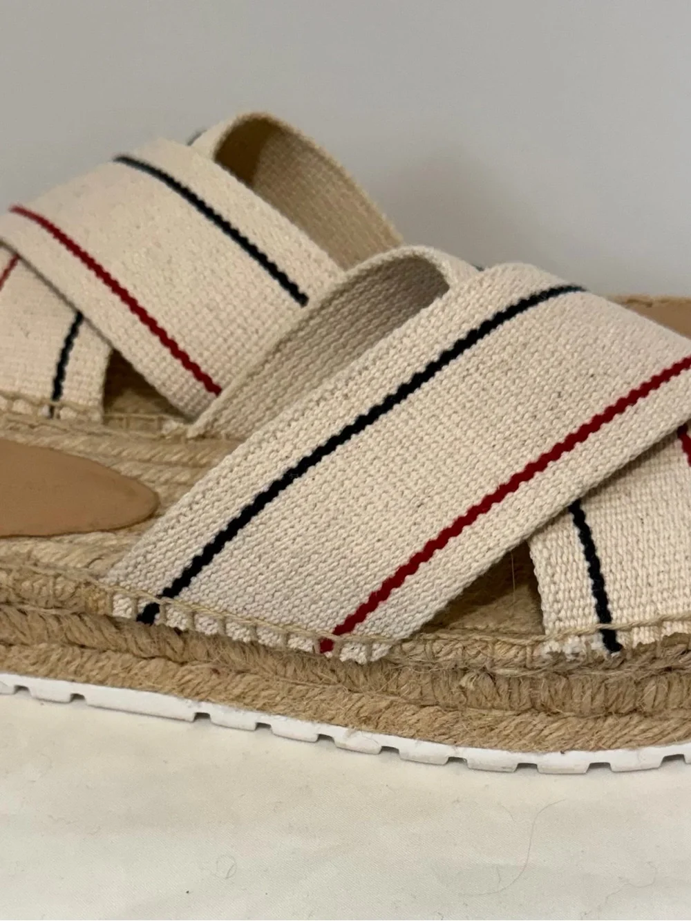 Polo by Ralph Lauren Cream Espadrille Slide Sandals with Red and Navy Stripes